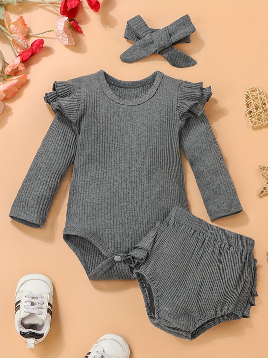 Autumn Cotton Baby Outfit Flying Sleeve Romper Ruffled Trim Pants Set