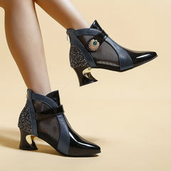Rhinestone Mesh Ankle Boots French Heel Pointed Toe Sandals