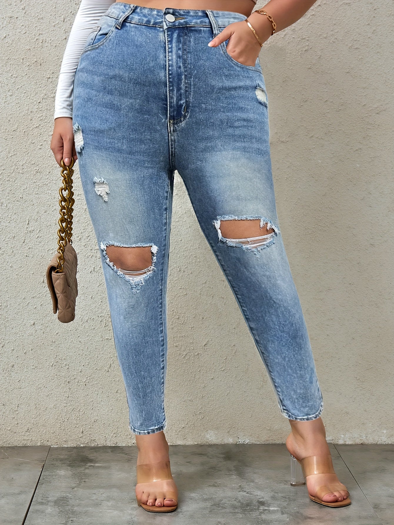  Ripped Button Fly High Rise Skinny Jeans