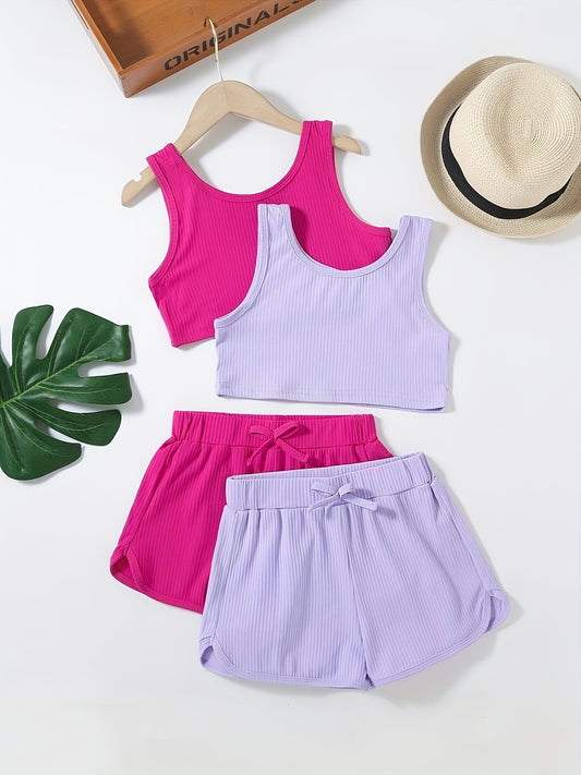 Girls Ribbed Crop Tank Top & Track Shorts Set Kids Summer Clothes