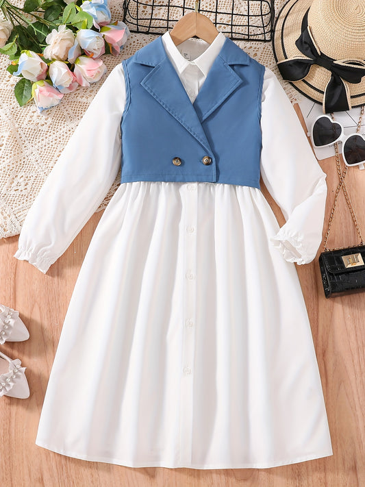 Girl's 2pcs Long Sleeve Dress & Lapel Vest Set for Spring Autumn Summer