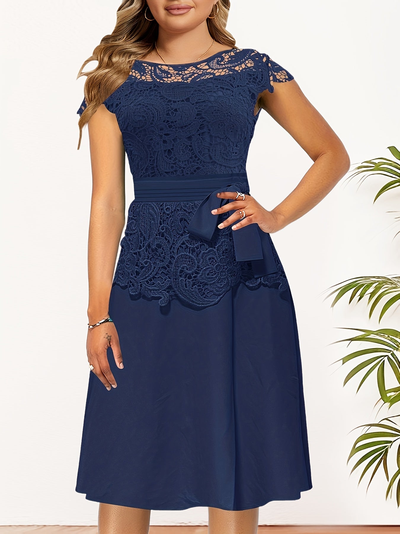 Lace Contrast Cap Sleeve A Line Dress With Belted