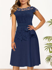 Lace Contrast Cap Sleeve A Line Dress With Belted