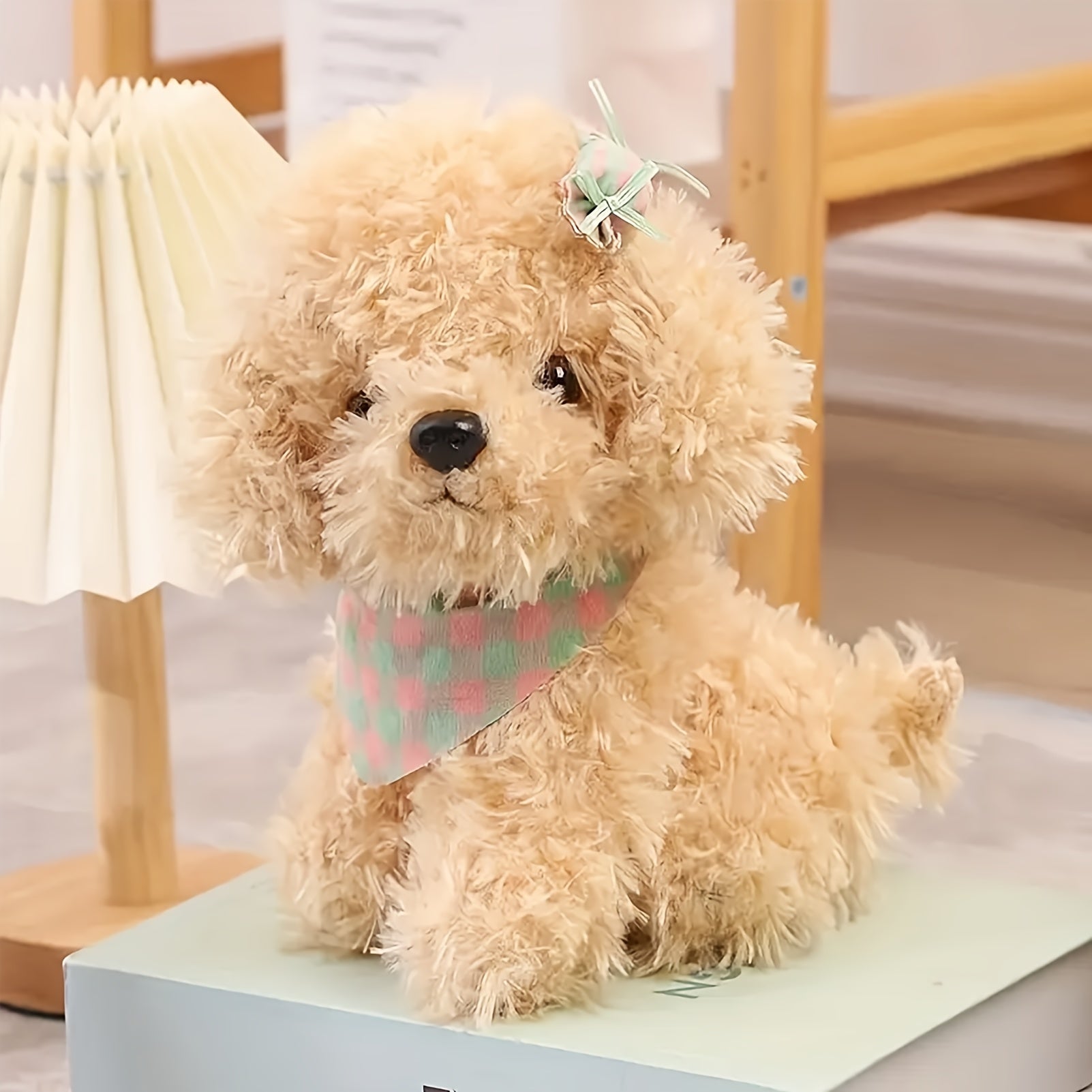 Plush Teddy Bear w/ Colorful Scarf & Candy Dog in Brown