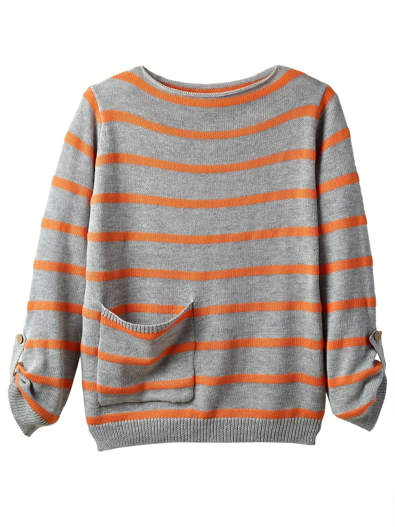 Striped Boat Neck Pullover Sweater Vintage Long Sleeve Pocket Loose Sweater