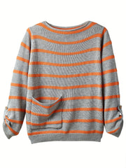 Striped Boat Neck Pullover Sweater Vintage Long Sleeve Pocket Loose Sweater