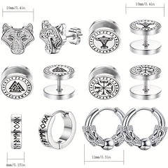 6 Pairs Stainless Steel Viking Hoop Earrings for Men