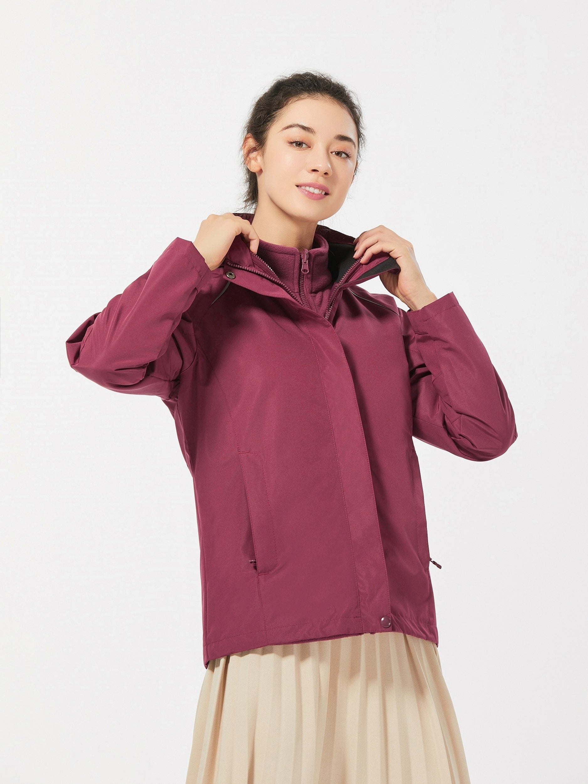 Women's 3 in 1 Hooded Jacket Set Waterproof Windproof Fleece for Outdoor