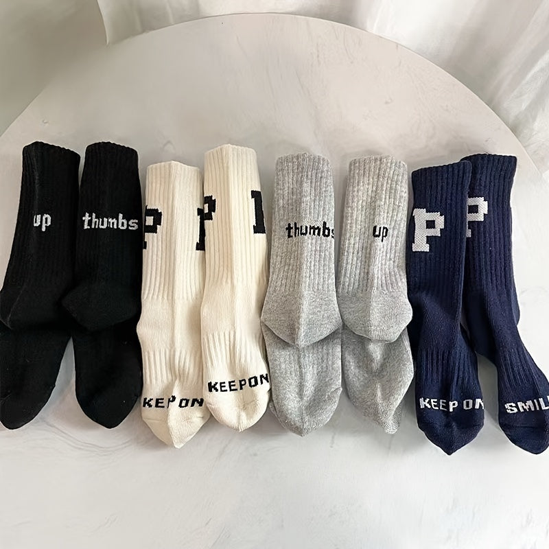 4 Pairs Letter Print Crew Sports Socks Women's Stockings & Hosiery