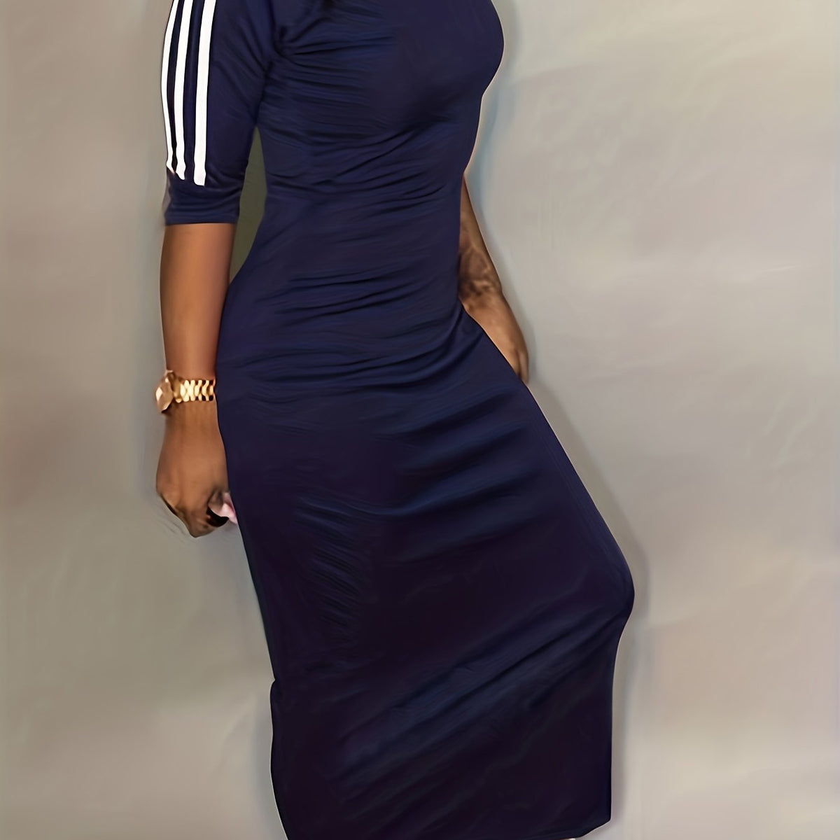  Stripe Print Half Sleeve Maxi Dress