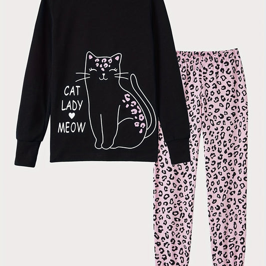 Girls Leopard Print Pajamas Set with Cat Cartoon Top