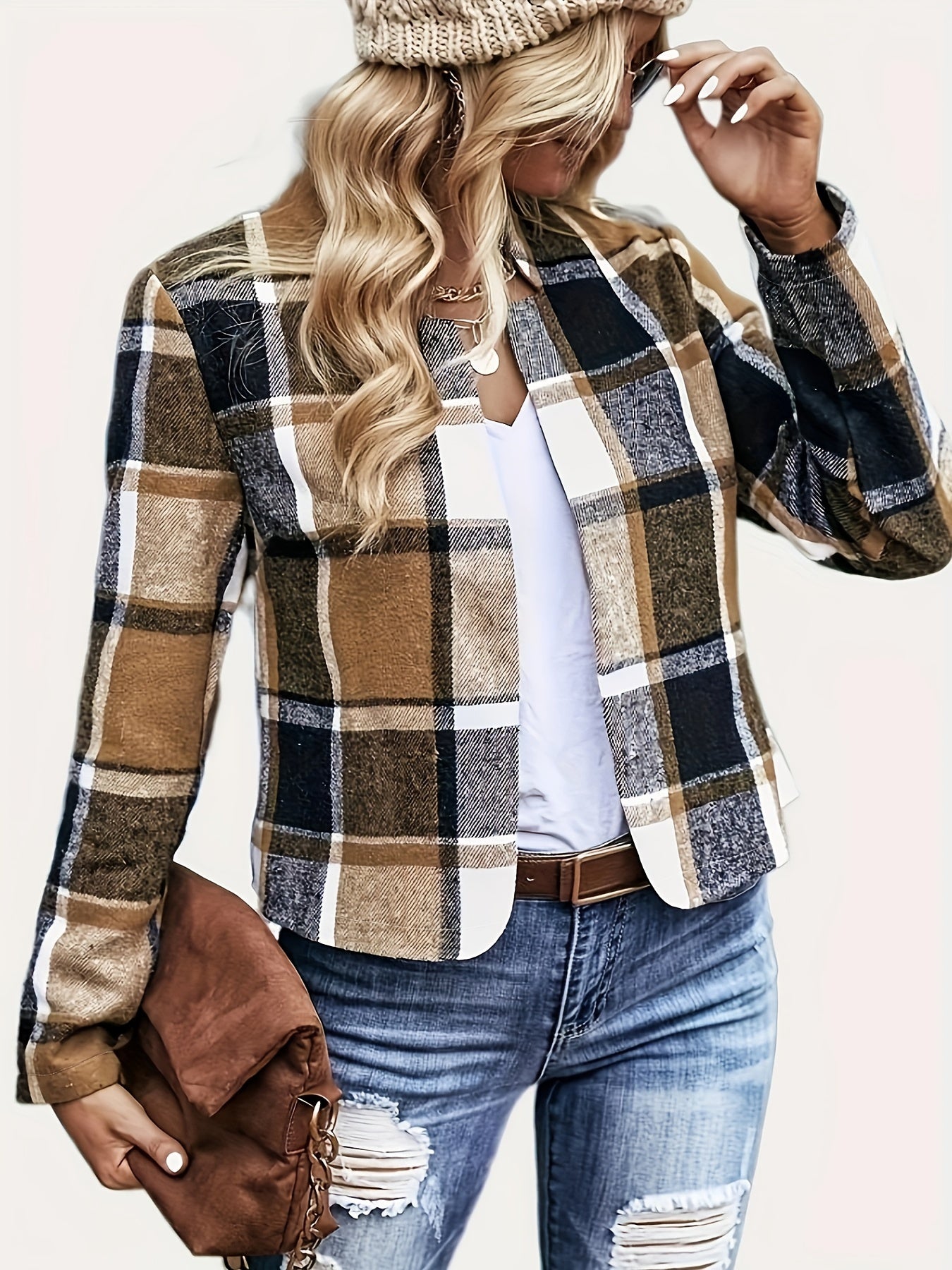  Plaid Print Long Sleeve Collar Blazer