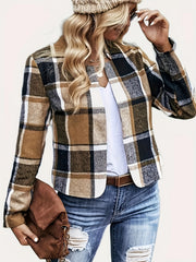  Plaid Print Long Sleeve Collar Blazer