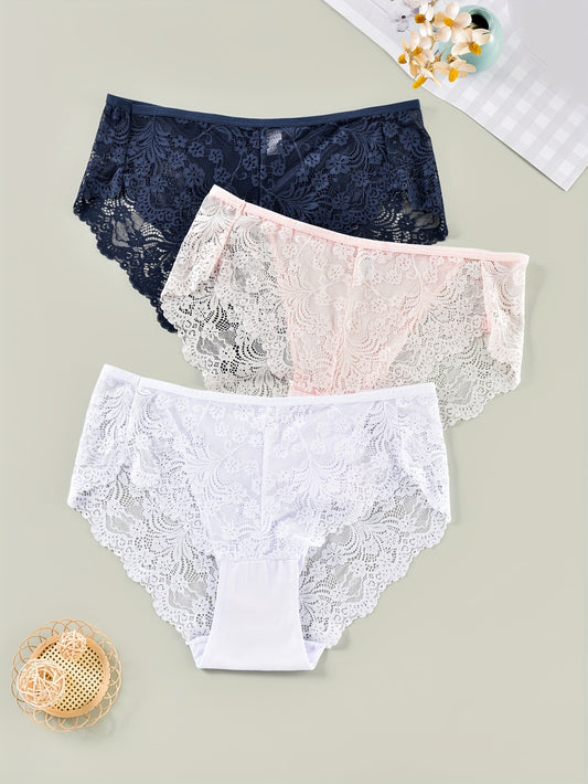 3 Pack Plus Size Panties Set Women's Plus Floral Lace Mid Rise Romantic Briefs