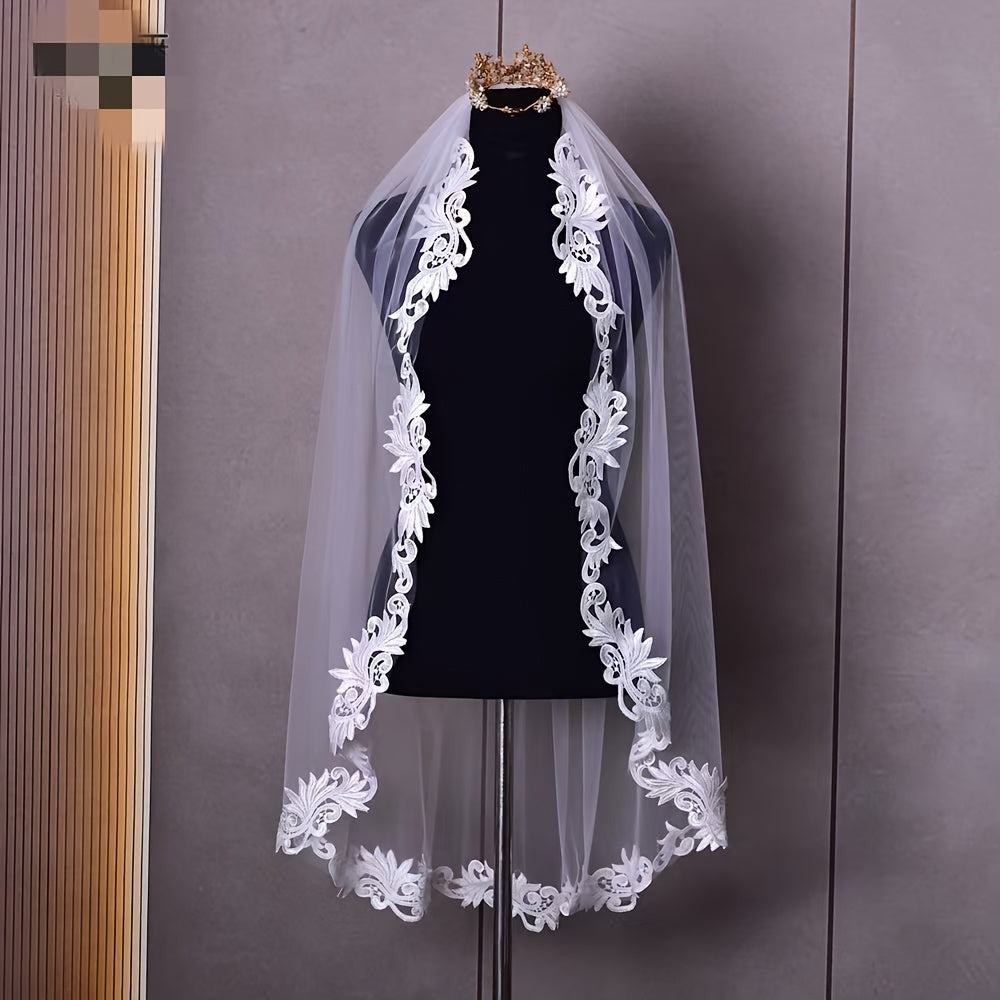 Short Floral Lace Bridal Veil Headpiece for Wedding Hair with Cut Out Patterns
