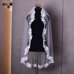 Short Floral Lace Bridal Veil Headpiece for Wedding Hair with Cut Out Patterns