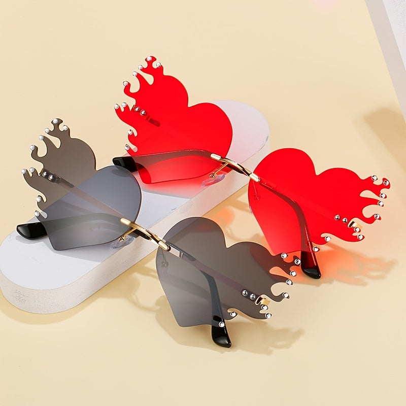 Rimless Flame Heart Sunglasses 90s Burning Glasses