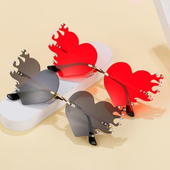 Rimless Flame Heart Sunglasses 90s Burning Glasses