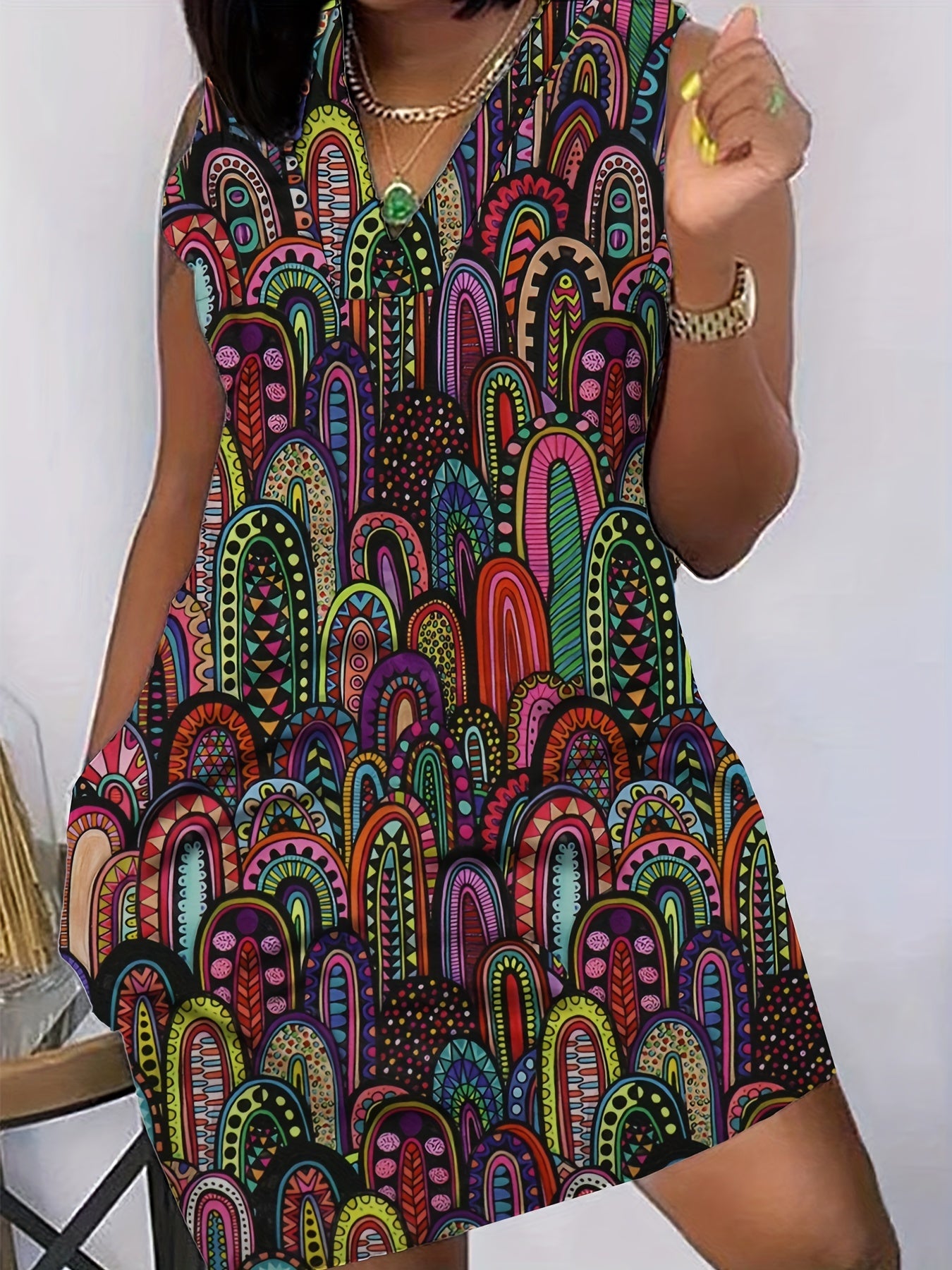  Paisley Print V Neck Tank Dress With Pockets