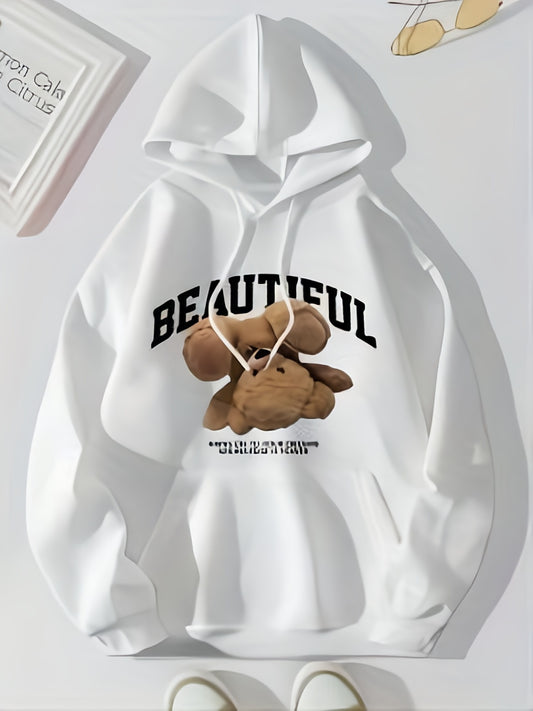Bear Print Kangaroo Pocket Hoodie Casual Long Sleeve Drawstring Hoodies