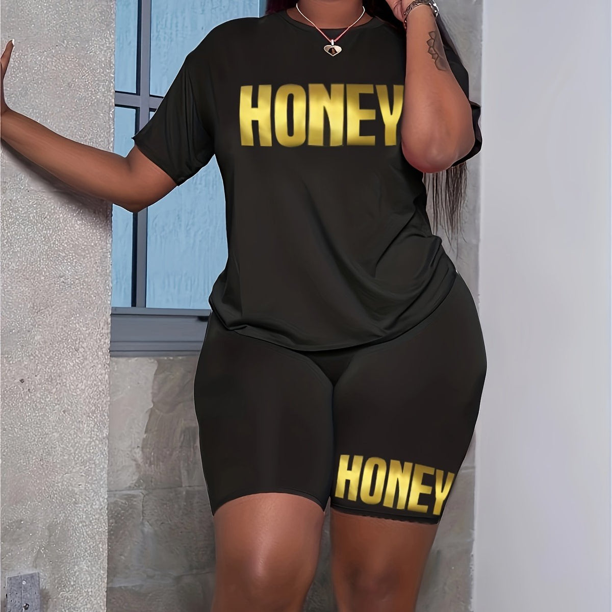  Letter Print Short Tee & Shorts 2 Piece Fitness Set