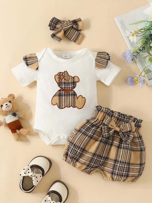 Baby Girls Plaid Bear T shirt & Bow Shorts Set