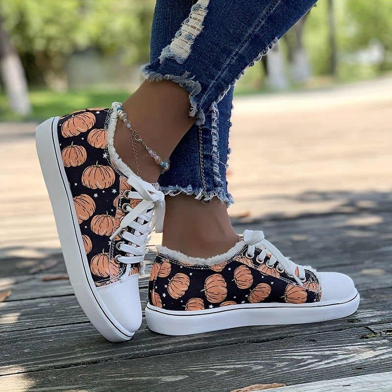 Women's Pumpkin Print Canvas Shoes Halloween Low Top Flat Walking Shoes