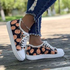 Women's Pumpkin Print Canvas Shoes Halloween Low Top Flat Walking Shoes