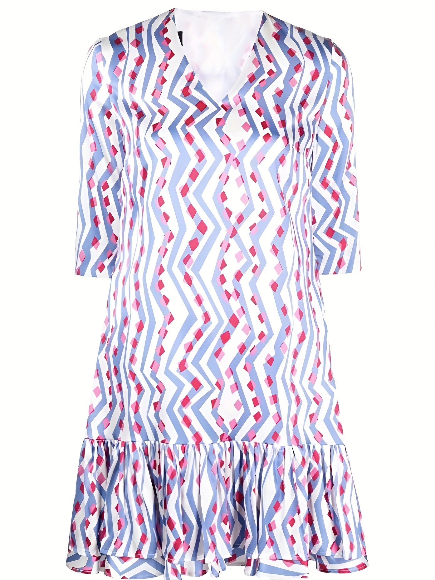  Colorblock Geometric Print V Neck Ruffle Dress