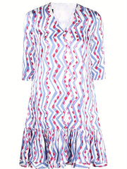 Colorblock Geometric Print V Neck Ruffle Dress
