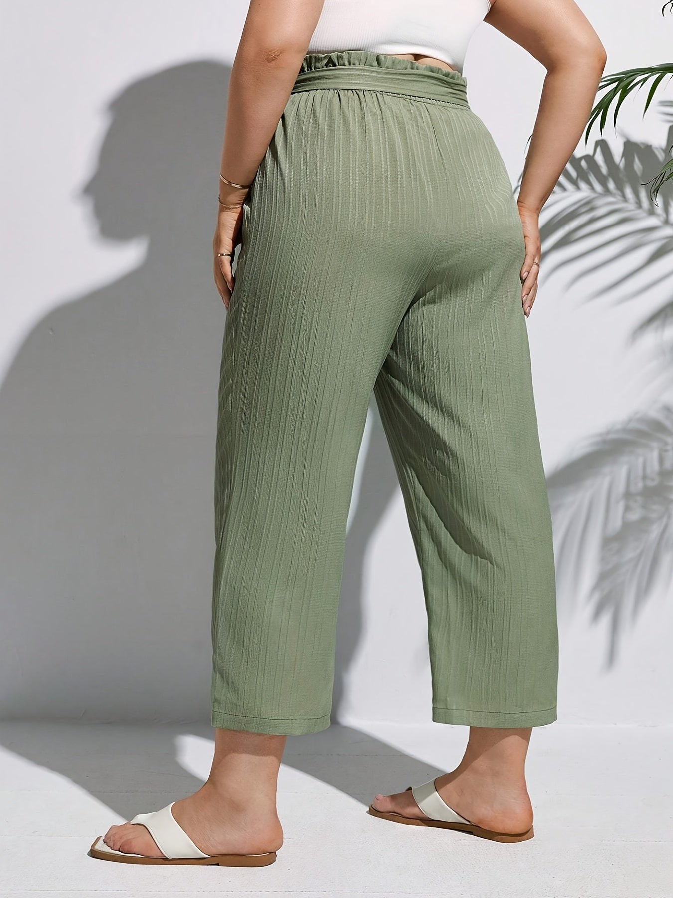  Ribbed High Rise Paperbag Waist Pants With Belt