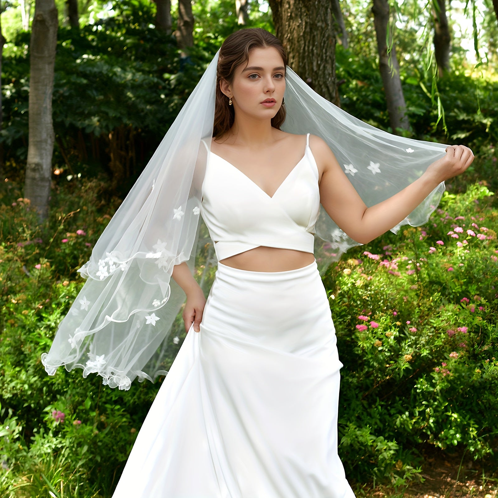 Romantic Floral Bridal Veil with Pearl Detailing for Outdoor Weddings