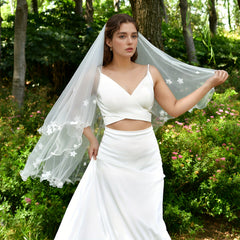 Romantic Floral Bridal Veil with Pearl Detailing for Outdoor Weddings