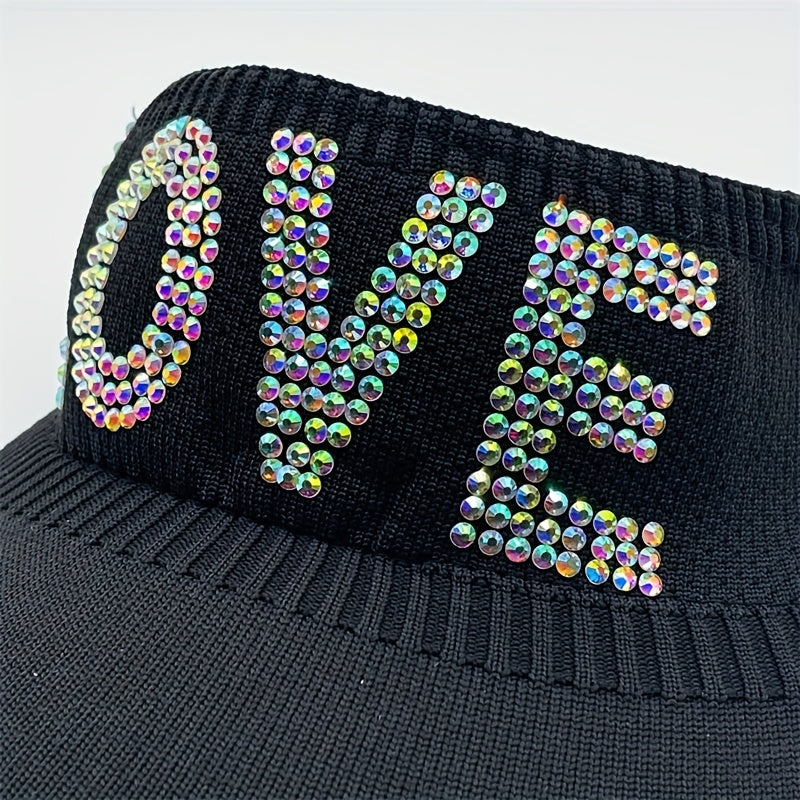 Rhinestone Letter Visor Hat Knitted Elastic Sun Cap