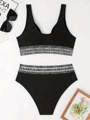 Leopard Print Mesh Band Bikini Set V Neck High Waist 2 Piece Swimsuit