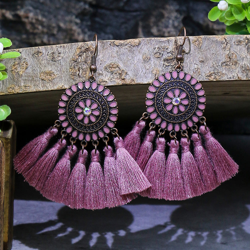 Bohemian Style Fan Shaped Tassel Earrings with Rhinestones