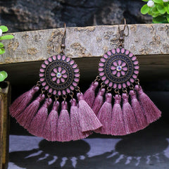 Bohemian Style Fan Shaped Tassel Earrings with Rhinestones