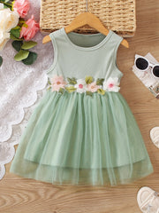 Girls Flower Decor Sleeveless Mesh Princess Dress Summer Kids Clothes