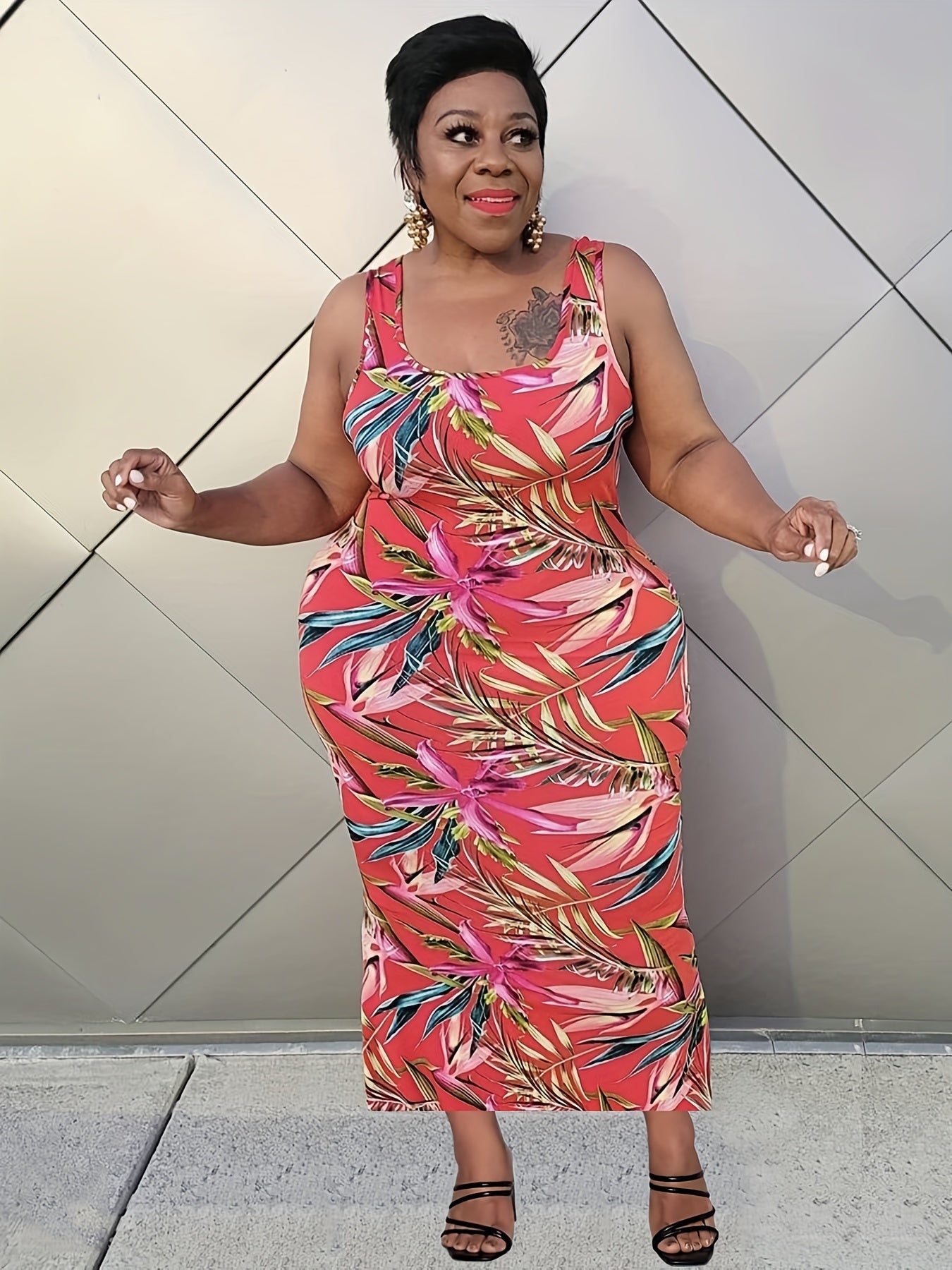  Plants Print Round Neck Tank Dress