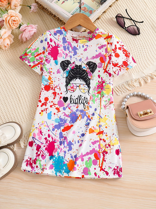 Girls' Colorful Portrait Print Tee Dress for Summer