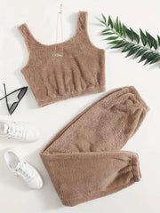 Solid Fuzzy Lounge Set Crew Neck Tank Top & Pants Women's Loungewear