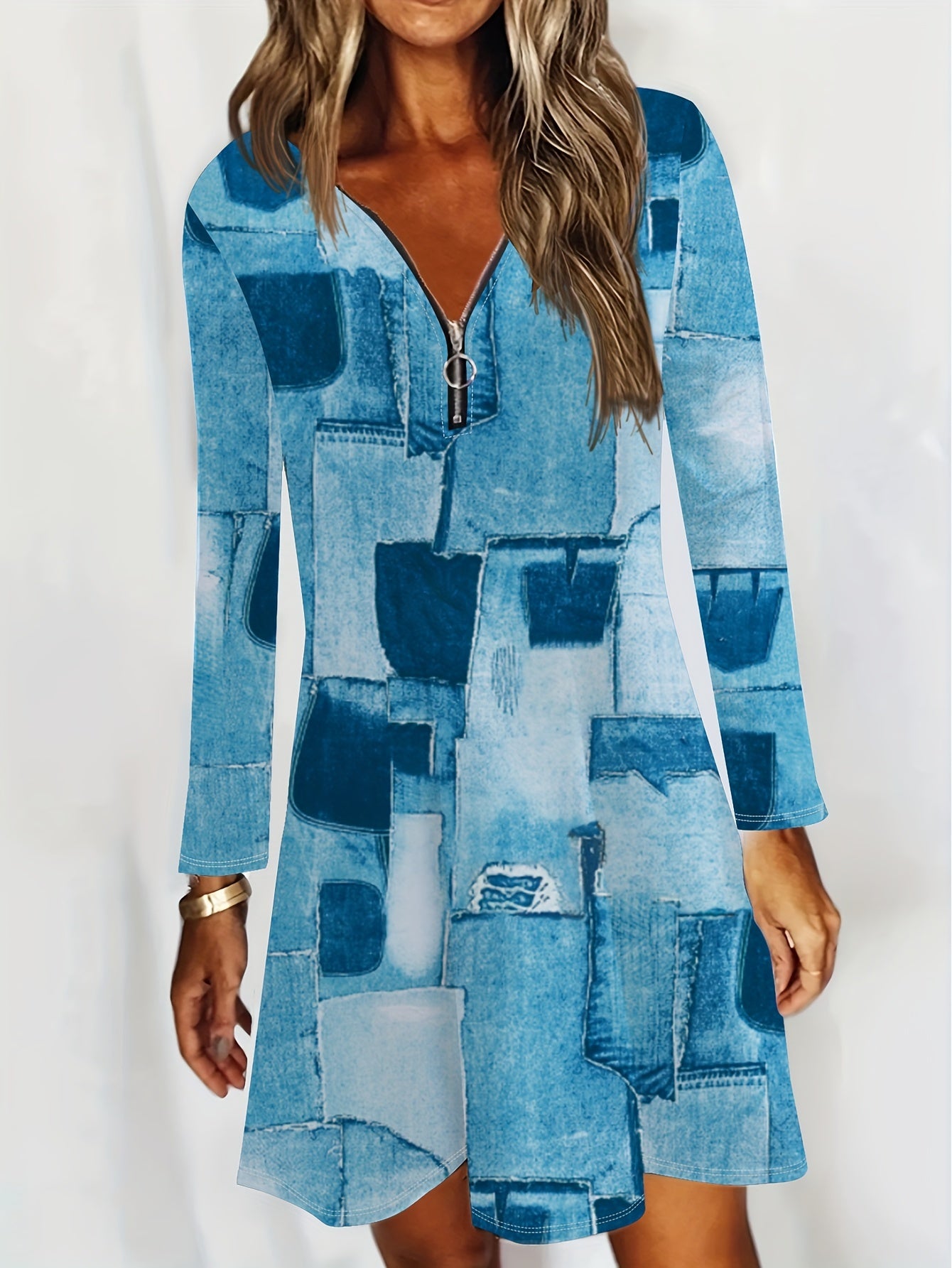  Denim Print Half Zipper Long Sleeve A-line Dress