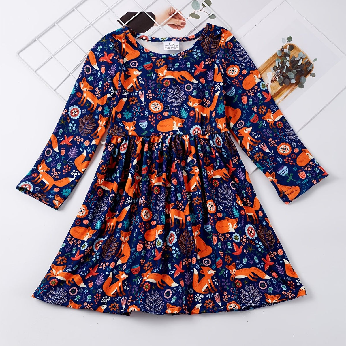 Toddler Girls Long Sleeve Cartoon Fox Stretch Dress