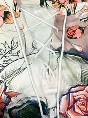  Floral Skull Print Lace Up Off Shoulder Long Sleeve Dress