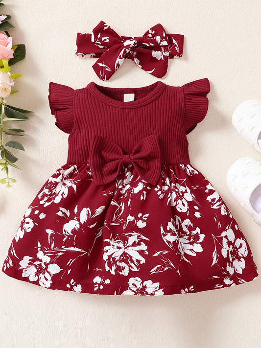 Baby Girls Floral Ruffled Sleeve Dress With Headband