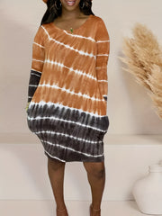  Colorblock Stripe Print Long Sleeve Tee Dress With Pockets