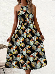 Paisley Print Sleeveless Shirred Dress Boho Resort Wear Drawstring Dress
