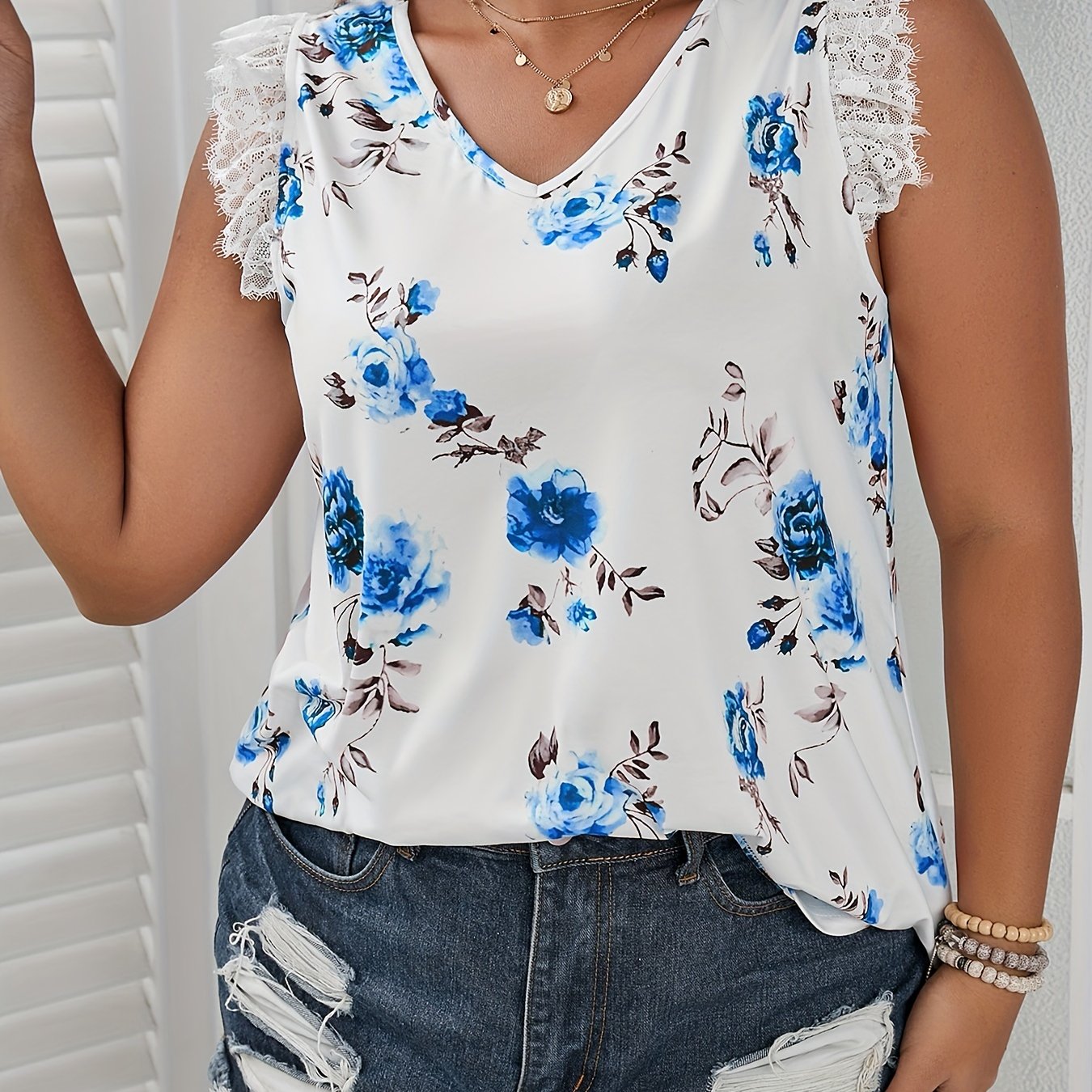  Floral Print Lace V Neck Tank Top