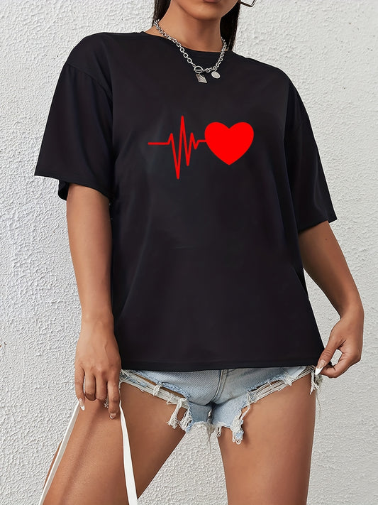 Solid Heart Casual T Shirt Crew Neck Short Sleeve Sports Top Women's Clothing