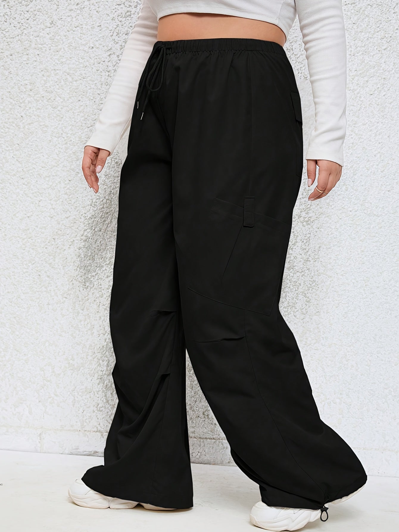  Solid Elastic Drawstring High Rise Wide Leg Cargo Trousers